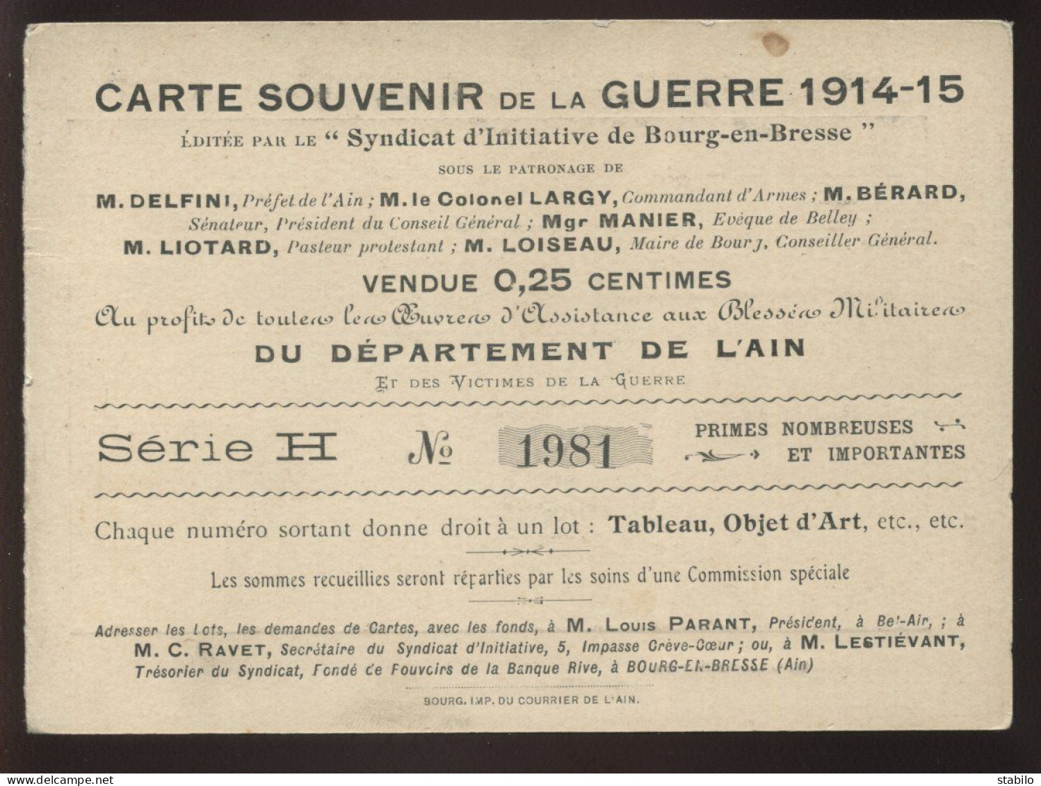 GUERRE 14/18 - BOURG-EN-BRESSE (AIN) - CARTE DOUBLE, SOUVENIR DE LA GUERRE 1914-15 NUMEROTEE - War 1914-18