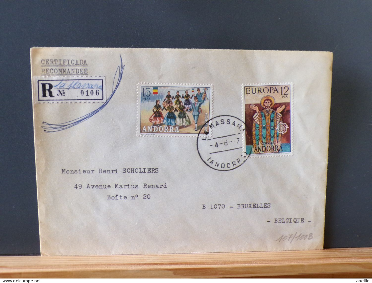 107/100B   LETTER RECOMM.  ANDORRA TO BELG. 1977 - Lettres & Documents