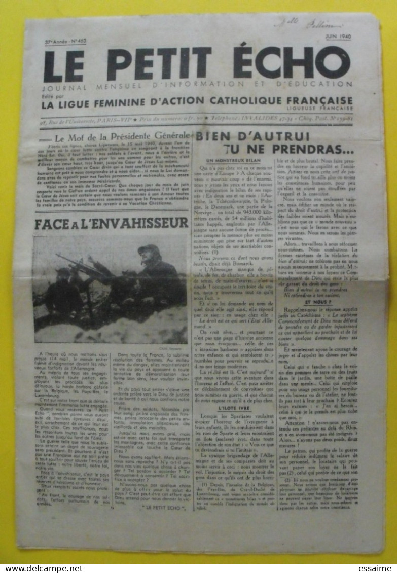 Journal Le Petit Echo De Juin 1940. Ligue Féminine D'action Catholique Française Ligue - Altri & Non Classificati