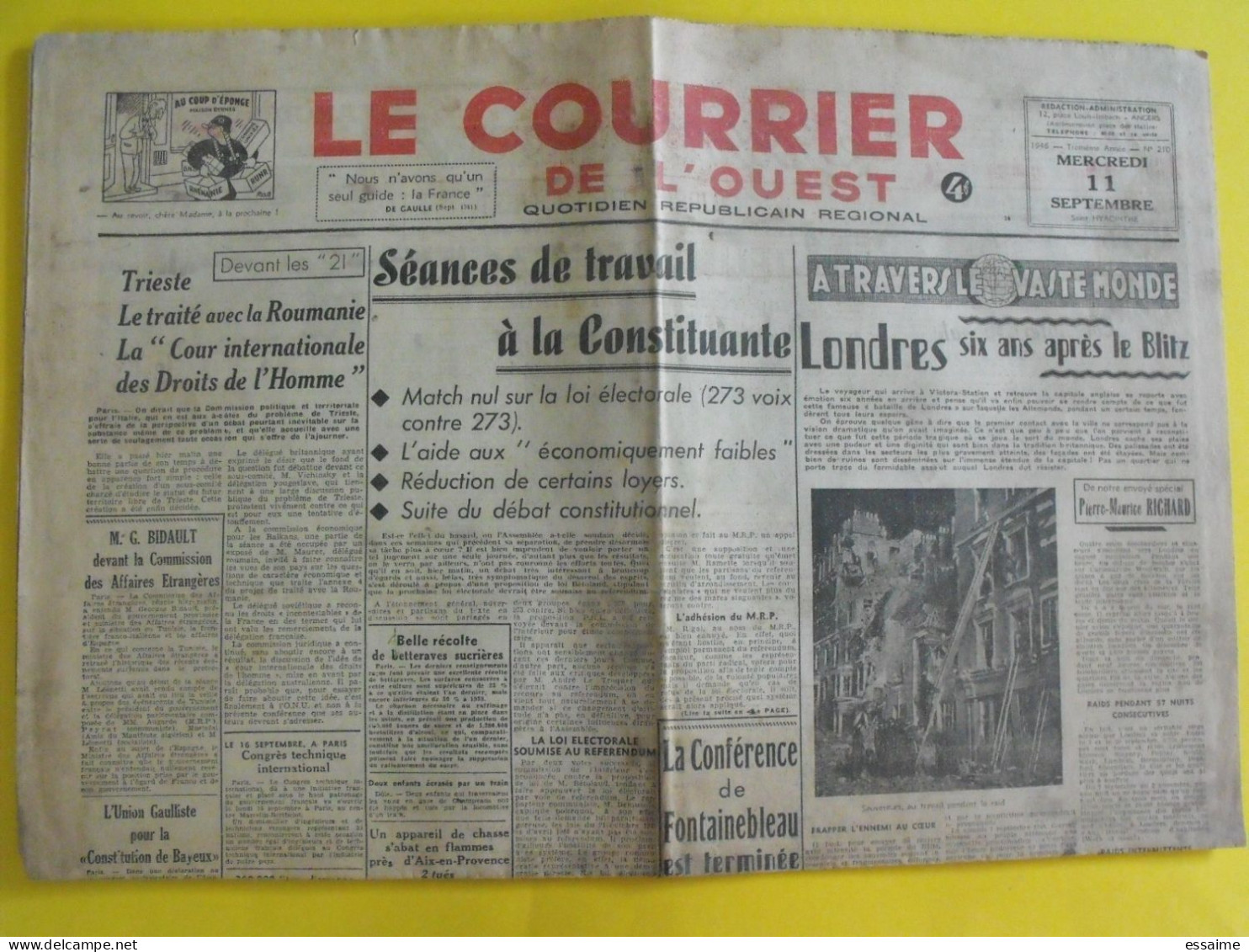 Journal Le Courrier De L'Ouest Du 11 Septembre 1946. Bidault De Gaulle Franco J3 Roumanie  Londres - Sonstige & Ohne Zuordnung