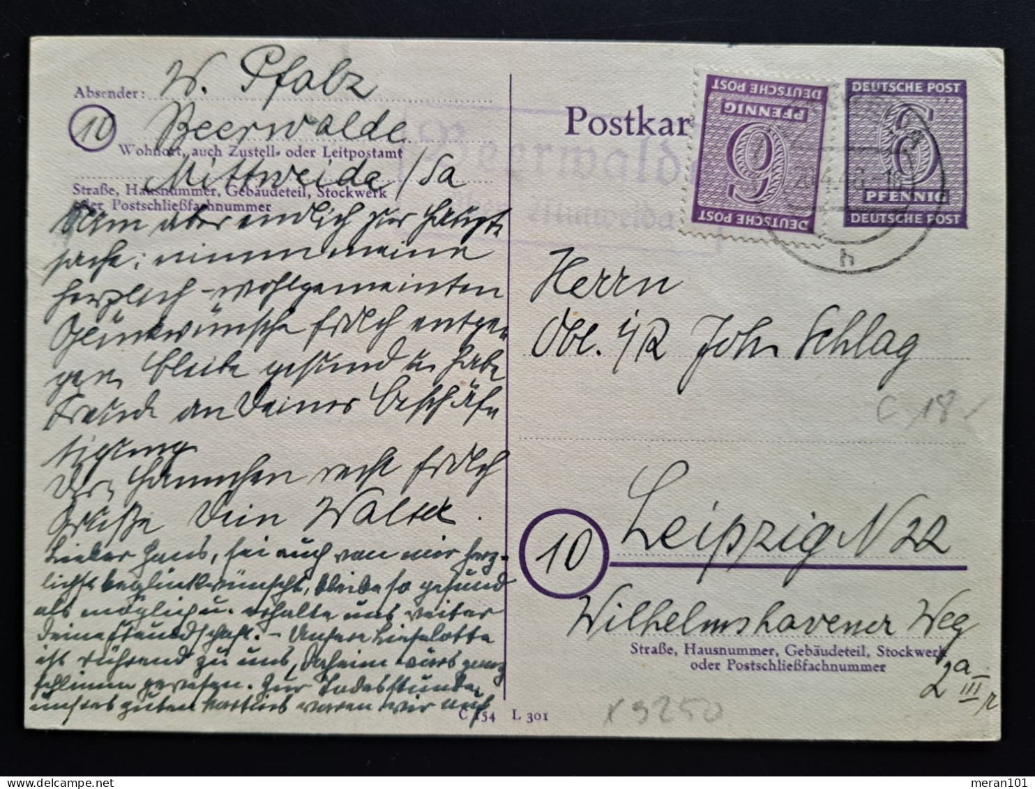 West-Sachsen 1946, Postkarte Beerwalde Mittweida Postablage Zusatzfrankatur - Briefe U. Dokumente