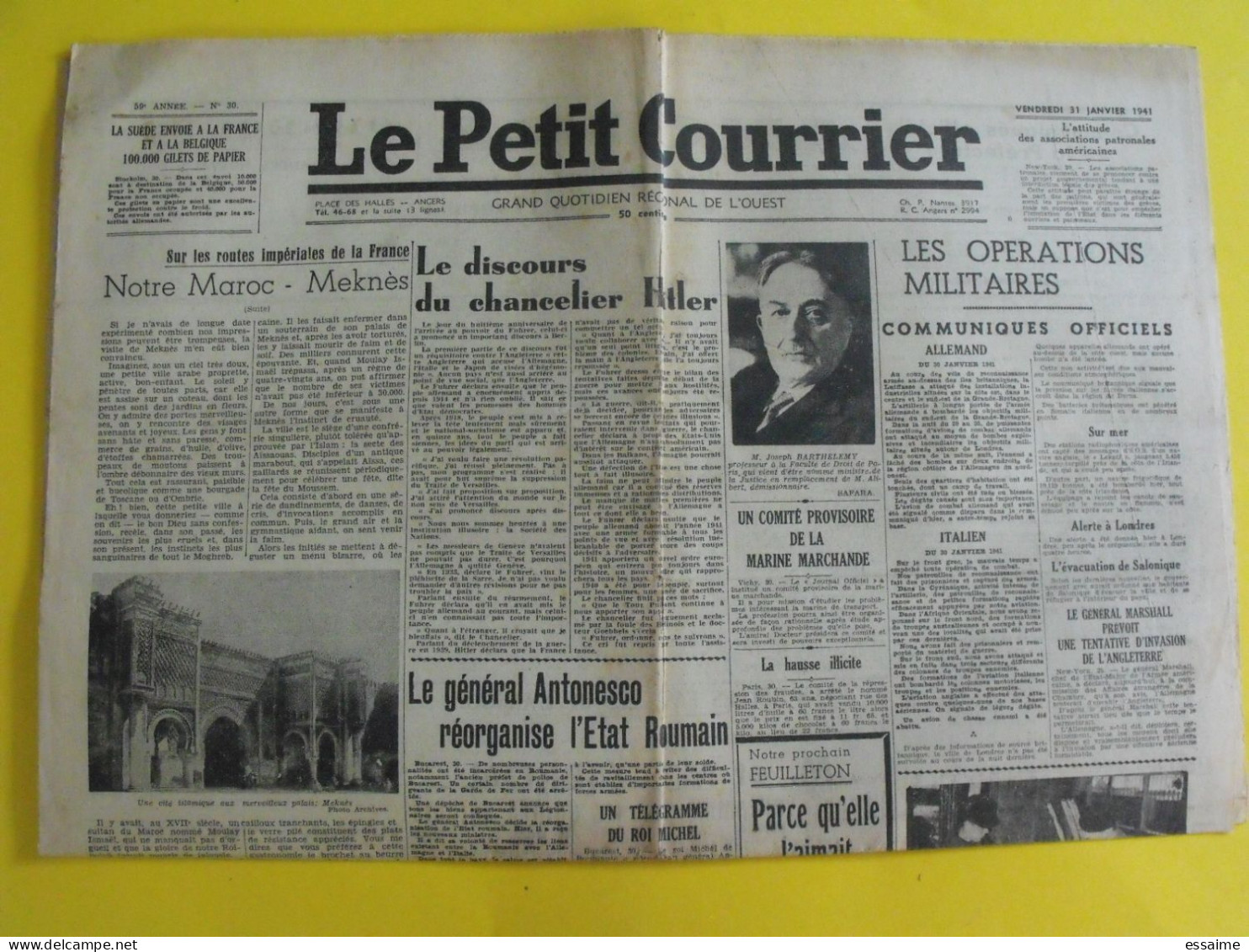 Journal Le Petit Courrier Du 31 Janvier 1941. Collaboration Discours Du Chancelier Hitler Weygand Japon Thailande Siam - Altri & Non Classificati