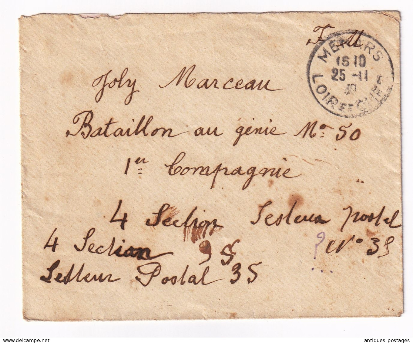 WW2 Lettre 25 Novembre 1940 Menars Loir Et Cher Bataillon Du Génie Secteur Postal 35 Franchise Militaire - Brieven En Documenten