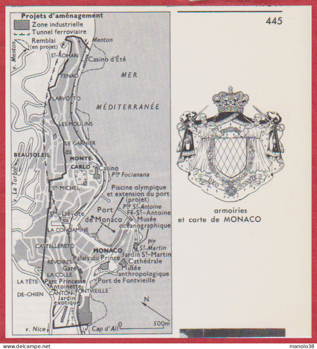 Monaco. Plan Avec Projets D'aménagement: Zone Industrielle, Tunnel Ferroviaire. Armoiries. Larousse 1960. - Documents Historiques