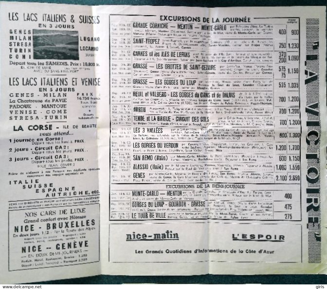 Vieux Papiers - Dépliants  - Excursions "La Victoire" - Nice Matin - L'Espoir - Saison 1952 - Dépliants Touristiques