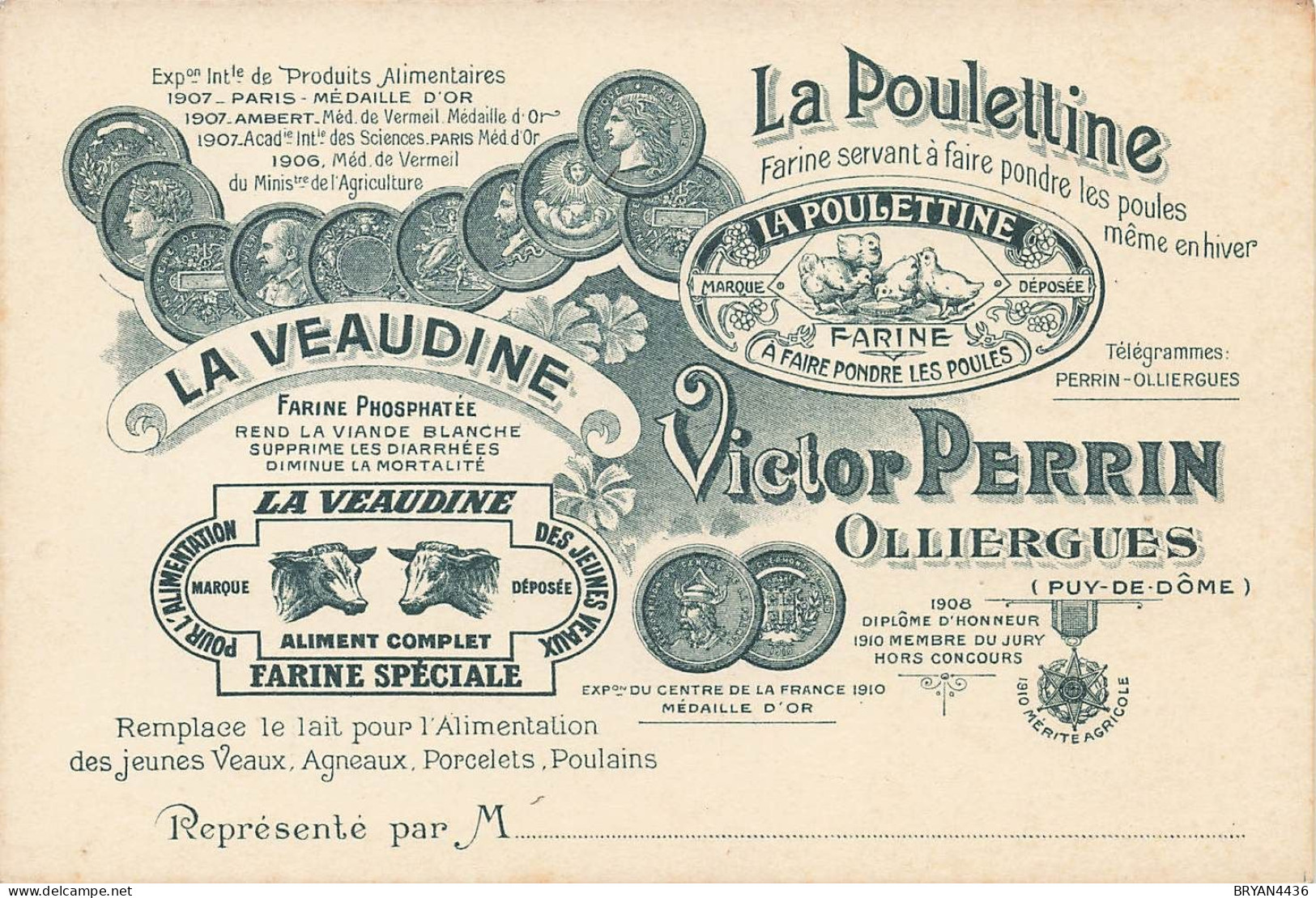 63 - OLLIERGUES - ENTREPRISE - ALIMENTS COMPLETS Pour ANIMAUX - "Victor PERRIN" CARTE COMMERCIALE ANCIENNE (8x13cm). - Olliergues