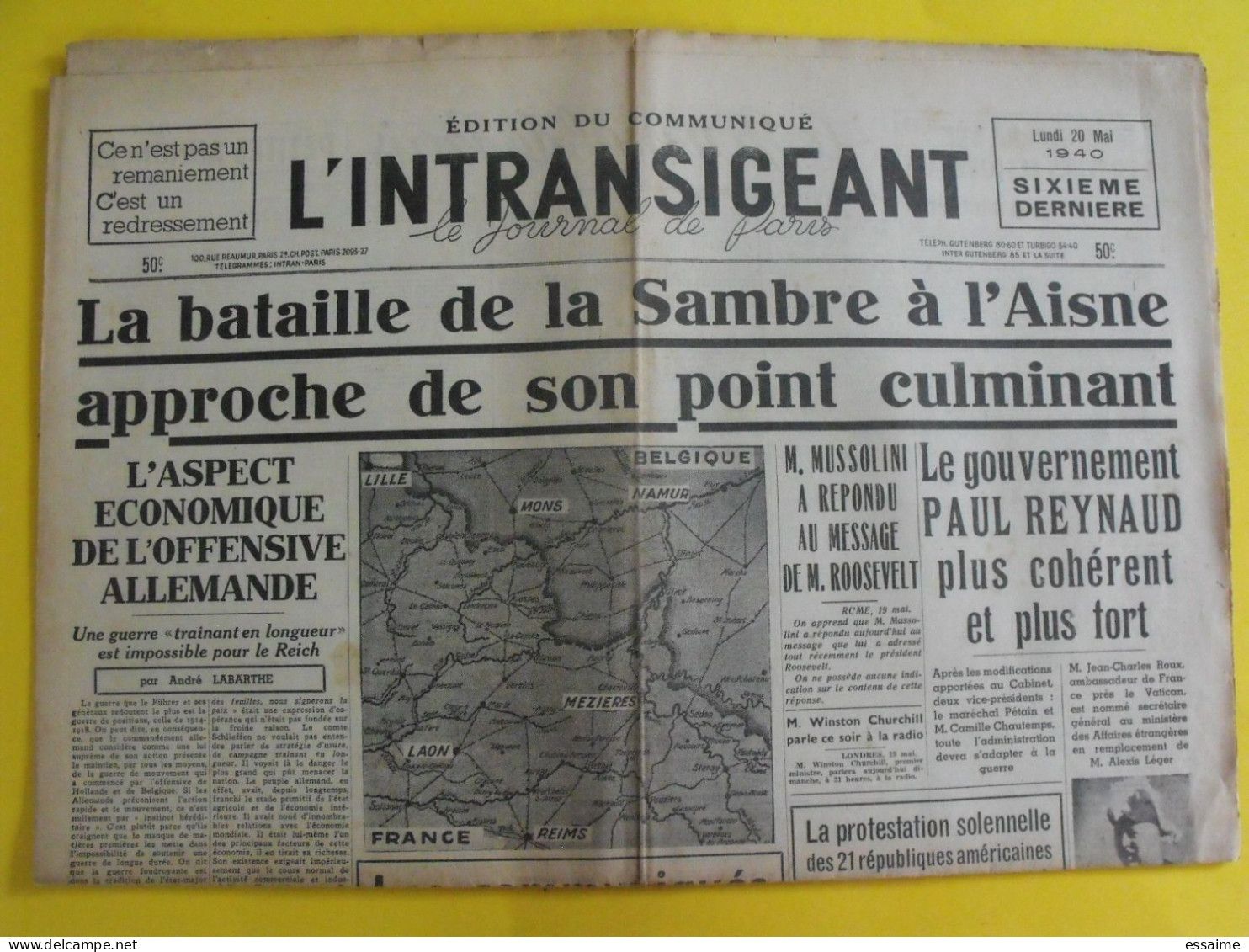 Journal L'Intransigeant Du 20 Mai 1940. Bataille Sambre Aisne Mussolini Reynaud Weygand Mandel Goebbels - Andere & Zonder Classificatie