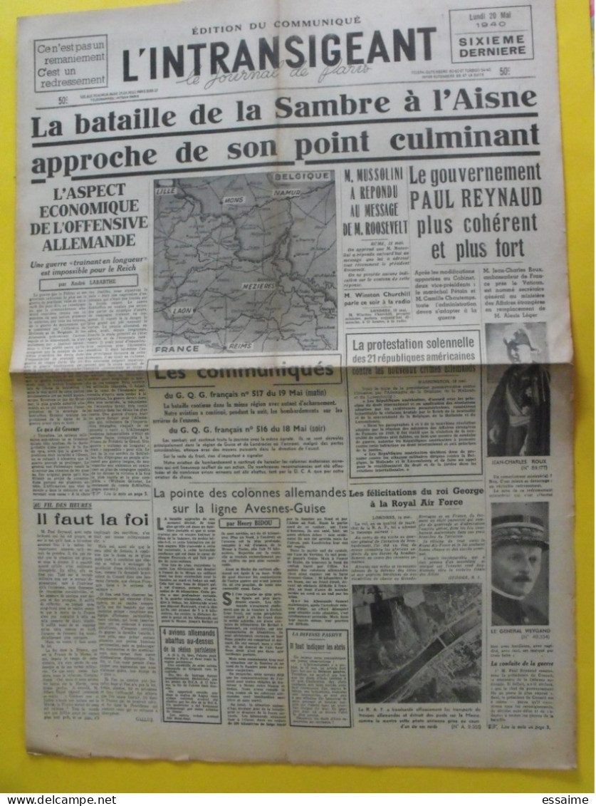 Journal L'Intransigeant Du 20 Mai 1940. Bataille Sambre Aisne Mussolini Reynaud Weygand Mandel Goebbels - Other & Unclassified