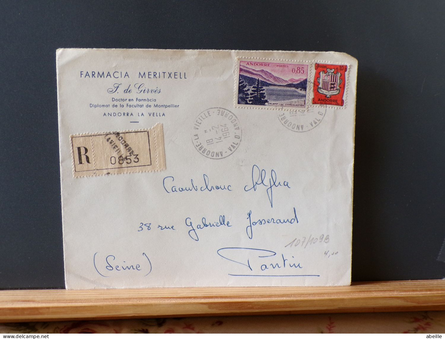 107/109B   LETTRE  RECOMM.  ANDORRE  POUR LA FRANCE 1964 - Cartas & Documentos