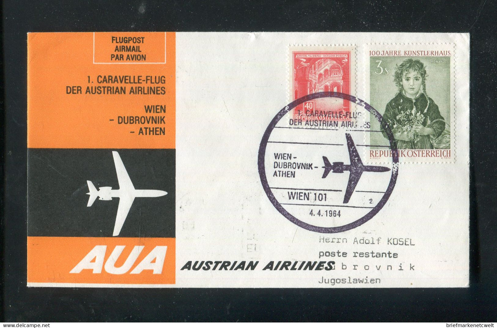"OESTERREICH" 1964, AUA-Caravelle-Erstflugbrief "Wien-Dubrovnik" (B1208) - Eerste Vluchten