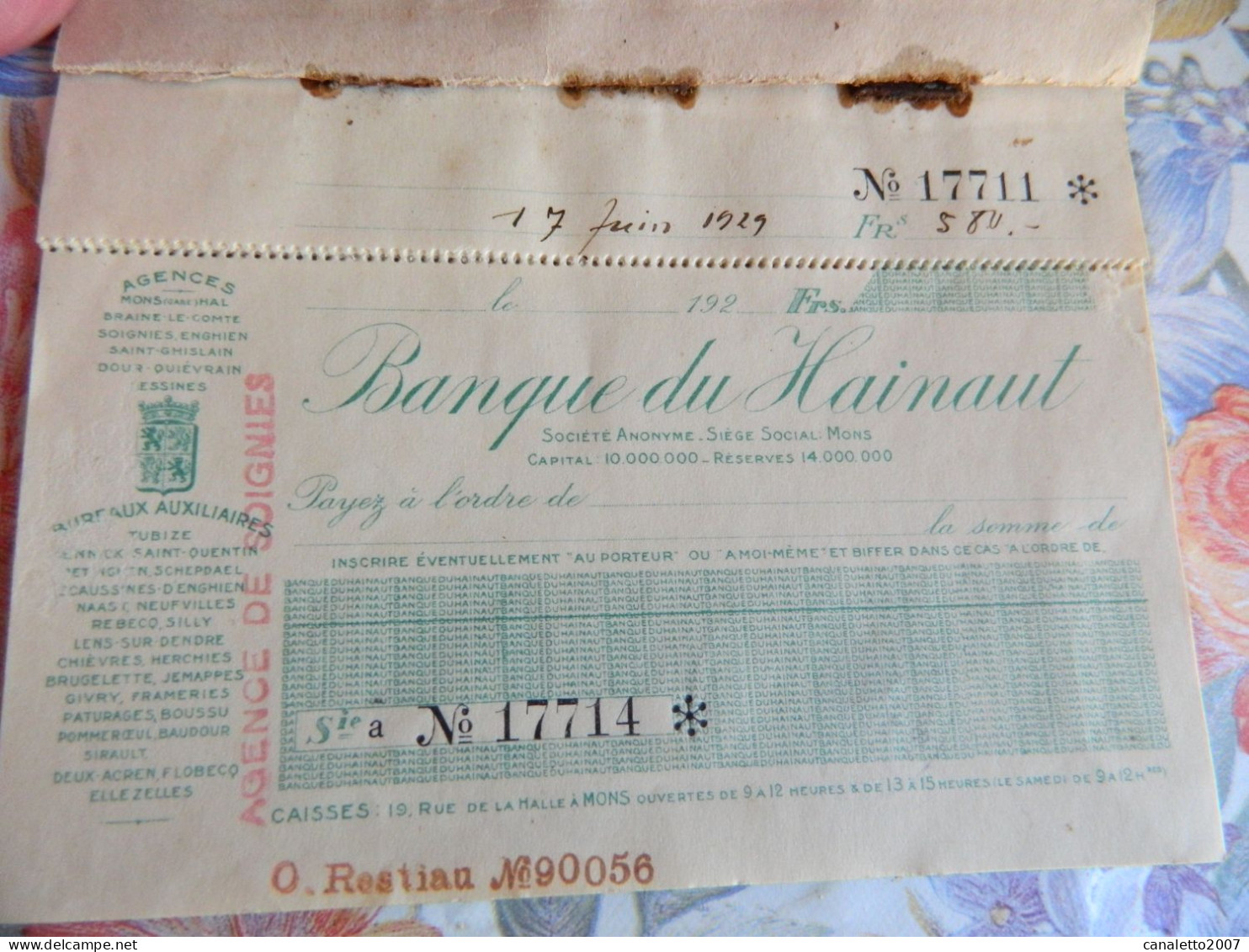 NEUFVILLES +SOIGNIES: CARNET DE CHEQUE DE 1929 DE LA BANQUE DU HAINAUT DE OSCAR RESTIAU  DE NEUFVILLES (RESTE 7 CHEQUES) - Ohne Zuordnung