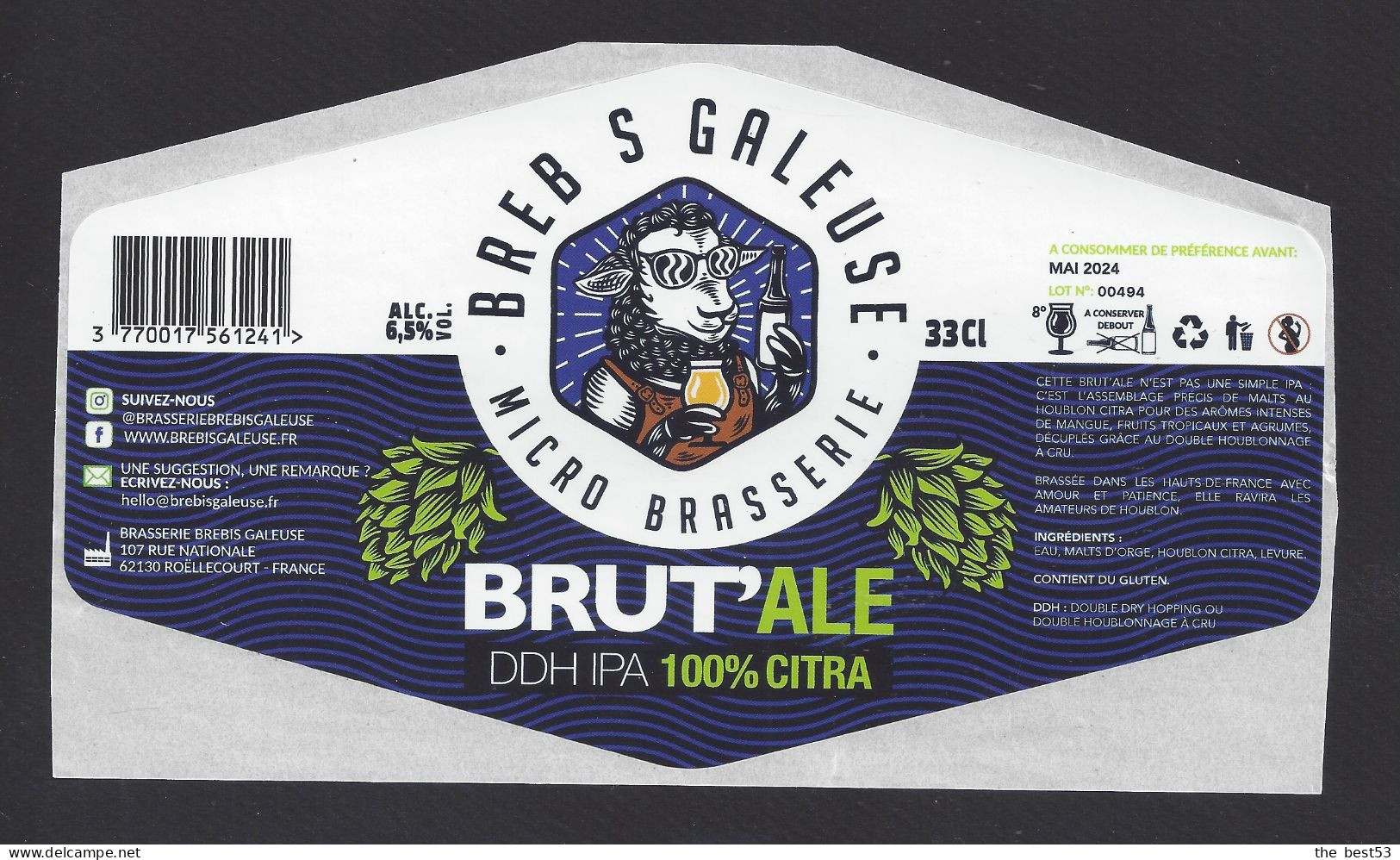 Etiquette De Bière DDH IPA   -  Brut'Ale  -  Brasserie Brebis Galeuse  à  Roëllecourt  (62) - Beer