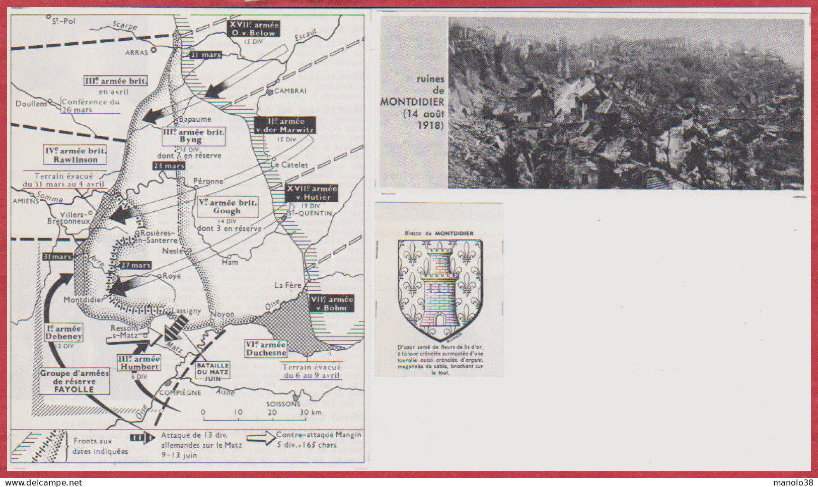 Montdidier. Offensive Allemande En 1918. Ruines De Montdidier En 1918. Blason. Première Guerre Mondiale. Larousse 1960. - Historical Documents
