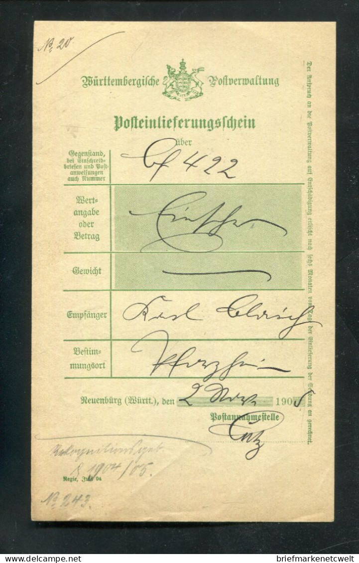 "WUERTTEMBERG" 1905, Postschein Ortsdruck "Neuenbuerg" (B1214) - Lettres & Documents