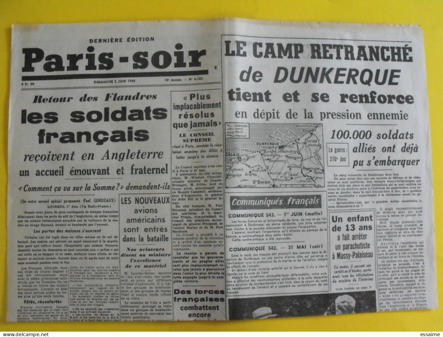 Journal Paris-Soir Du 2 Juin 1940. Camp Retranché De Dunkerque Lille  Puaud Suhard Calais - Altri & Non Classificati