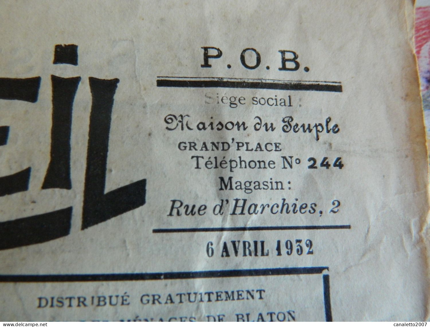 BLATON: JOURNAL LE REVEIL DU 6 AVRIL 1935 SIEGE MAISON DU PEUPLE GRAND PLACE -MAGASIN RUE D'HARCHIES 2 - Other & Unclassified