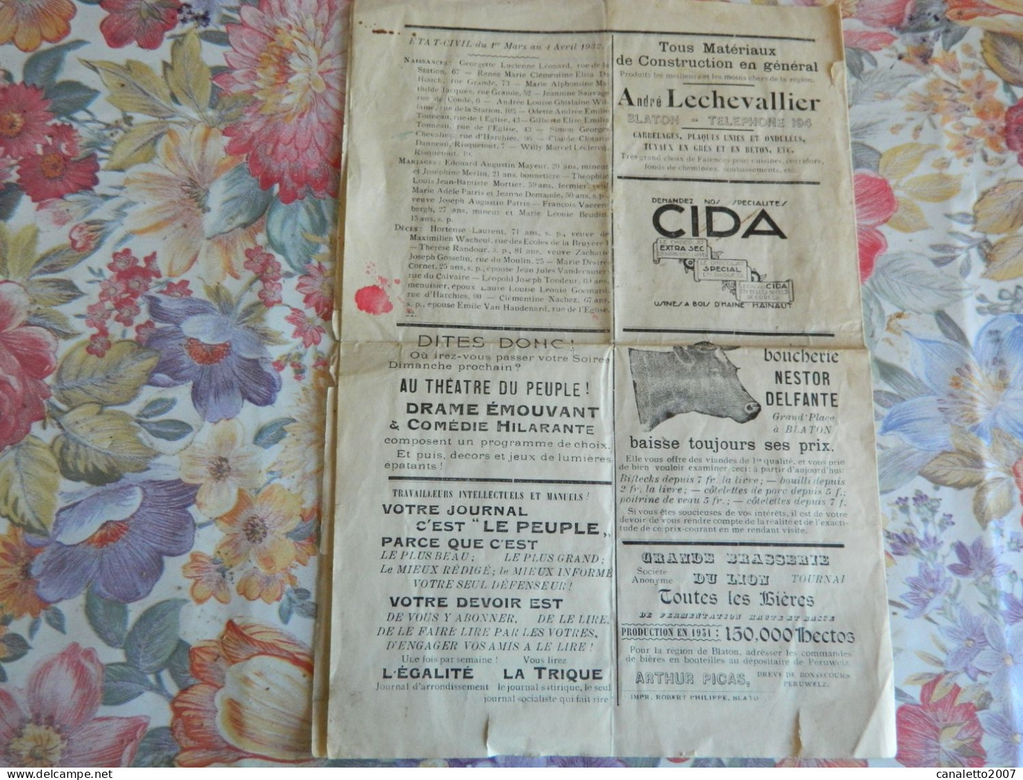 BLATON: JOURNAL LE REVEIL DU 6 AVRIL 1935 SIEGE MAISON DU PEUPLE GRAND PLACE -MAGASIN RUE D'HARCHIES 2 - Autres & Non Classés