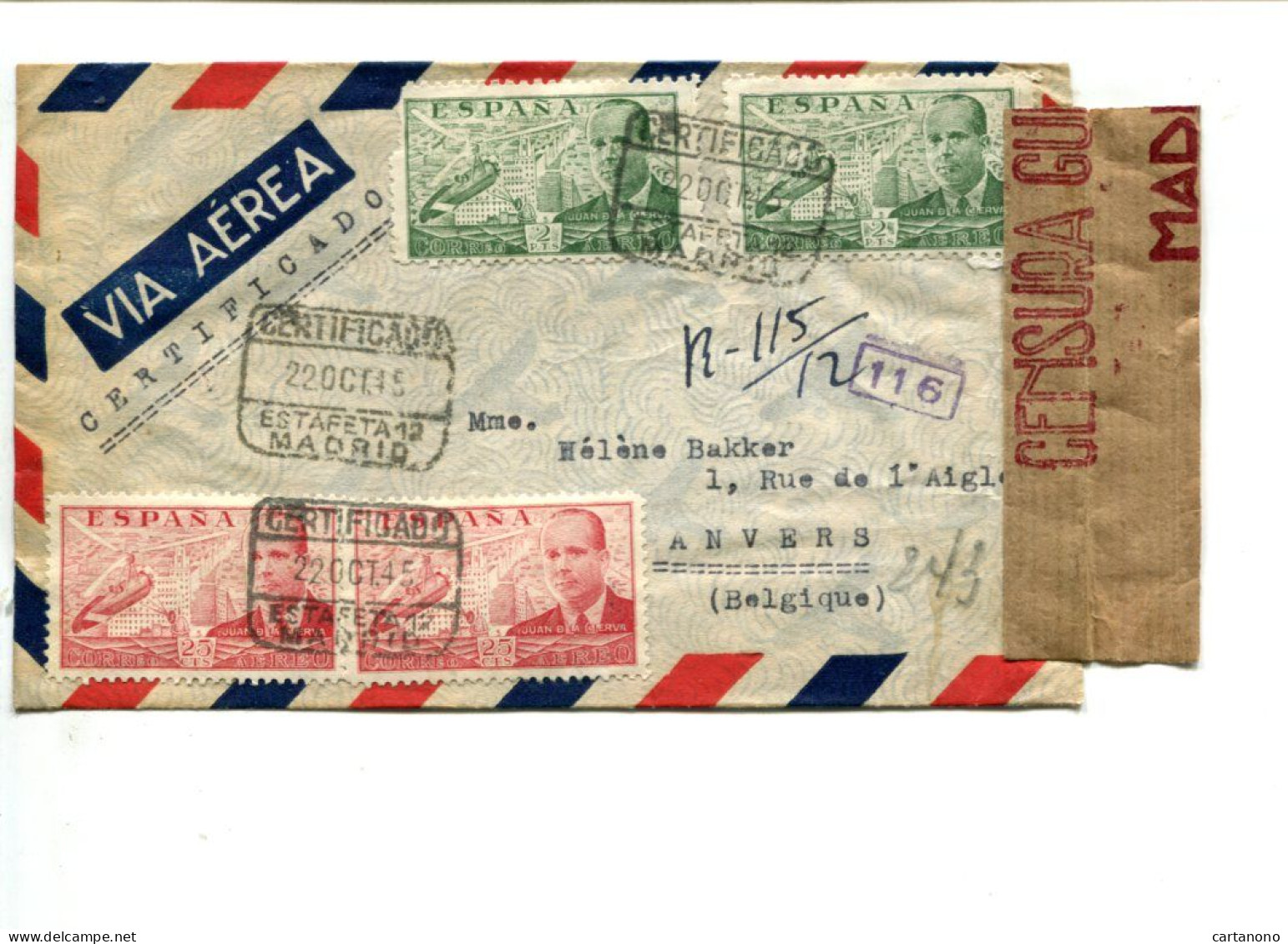 ESPAGNE 1945 - Affranchissement Sur Lettre Recommandée Pour La Belgique + Censure (def. Sur 1 Timbre) - Cartas & Documentos