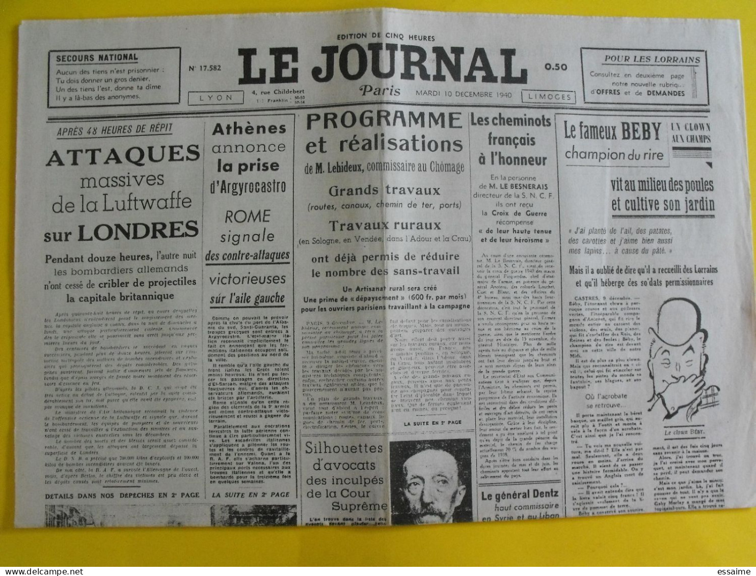 Le Journal Paris Du 10 Décembre 1940. Collaboration Attaques Lutwaffe Sur LondresLehideux Beby Dentz - Andere & Zonder Classificatie