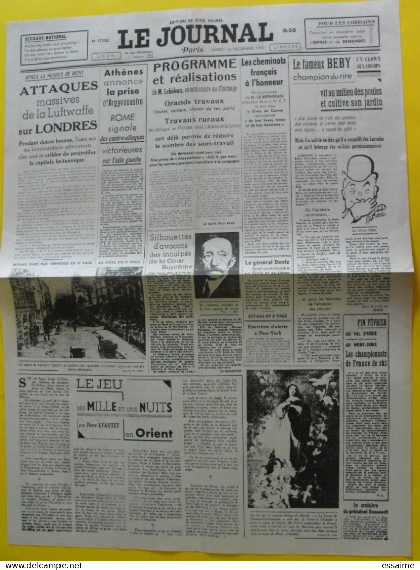 Le Journal Paris Du 10 Décembre 1940. Collaboration Attaques Lutwaffe Sur LondresLehideux Beby Dentz - Autres & Non Classés