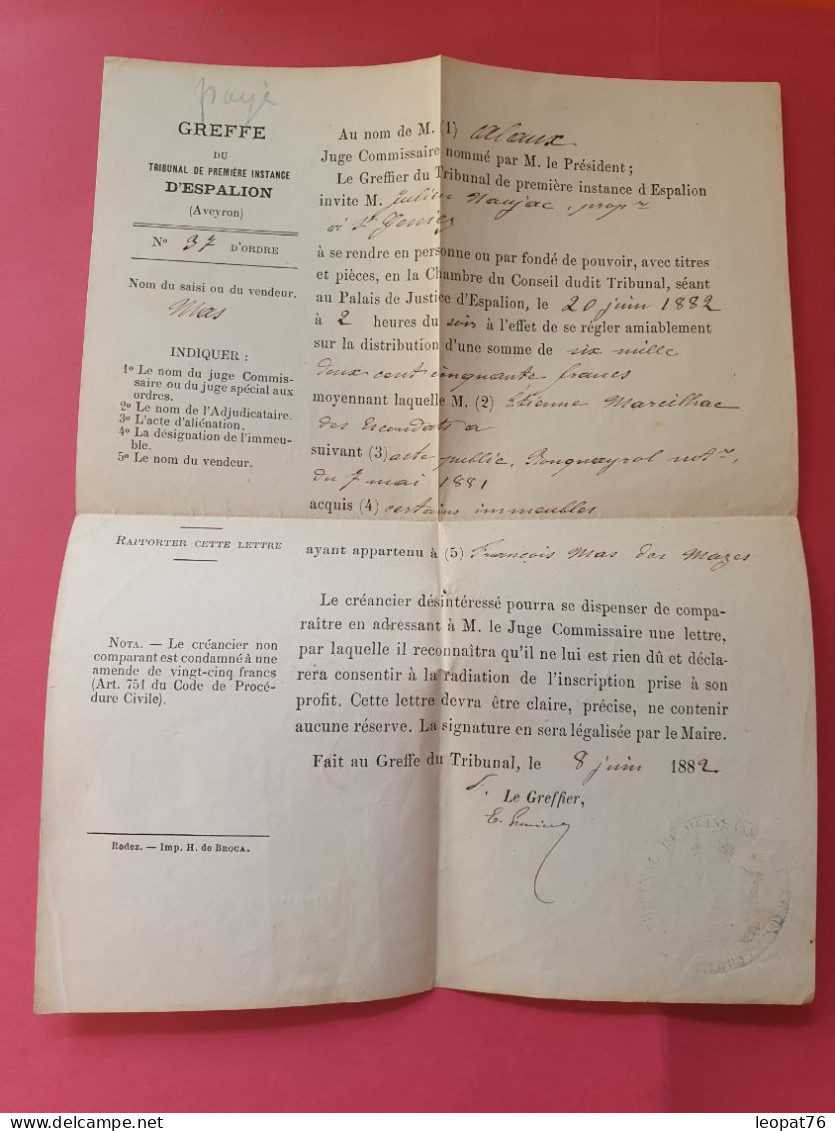 Sage 20ct En Paire Sur Lettre De Tribunal De Espalion En 1882 - Réf 3518 - 1877-1920: Période Semi Moderne