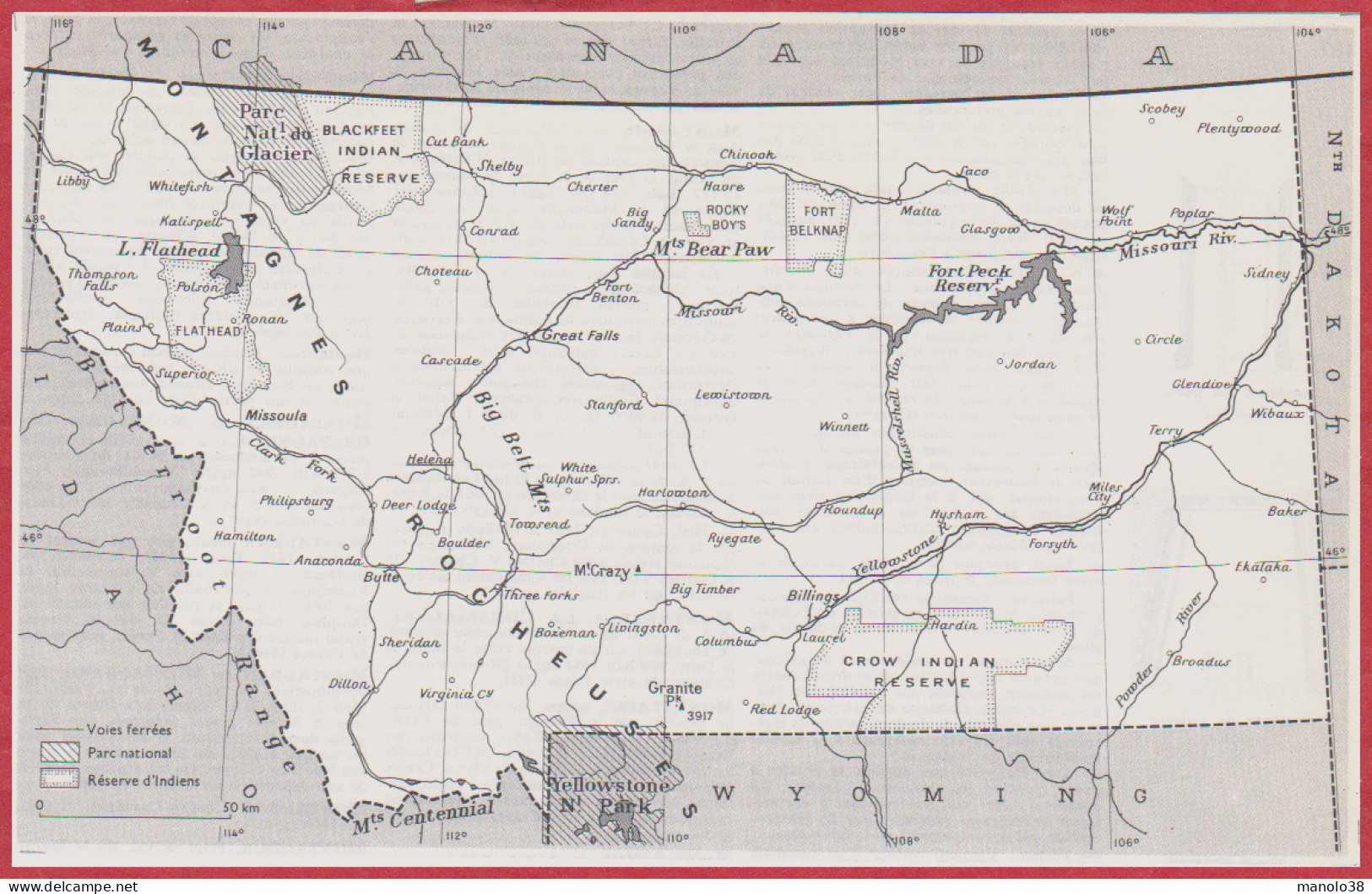 Montana. Carte Avec Voies Ferrées, Parc National, Réserve Indiennes. USA. Larousse 1960. - Historical Documents