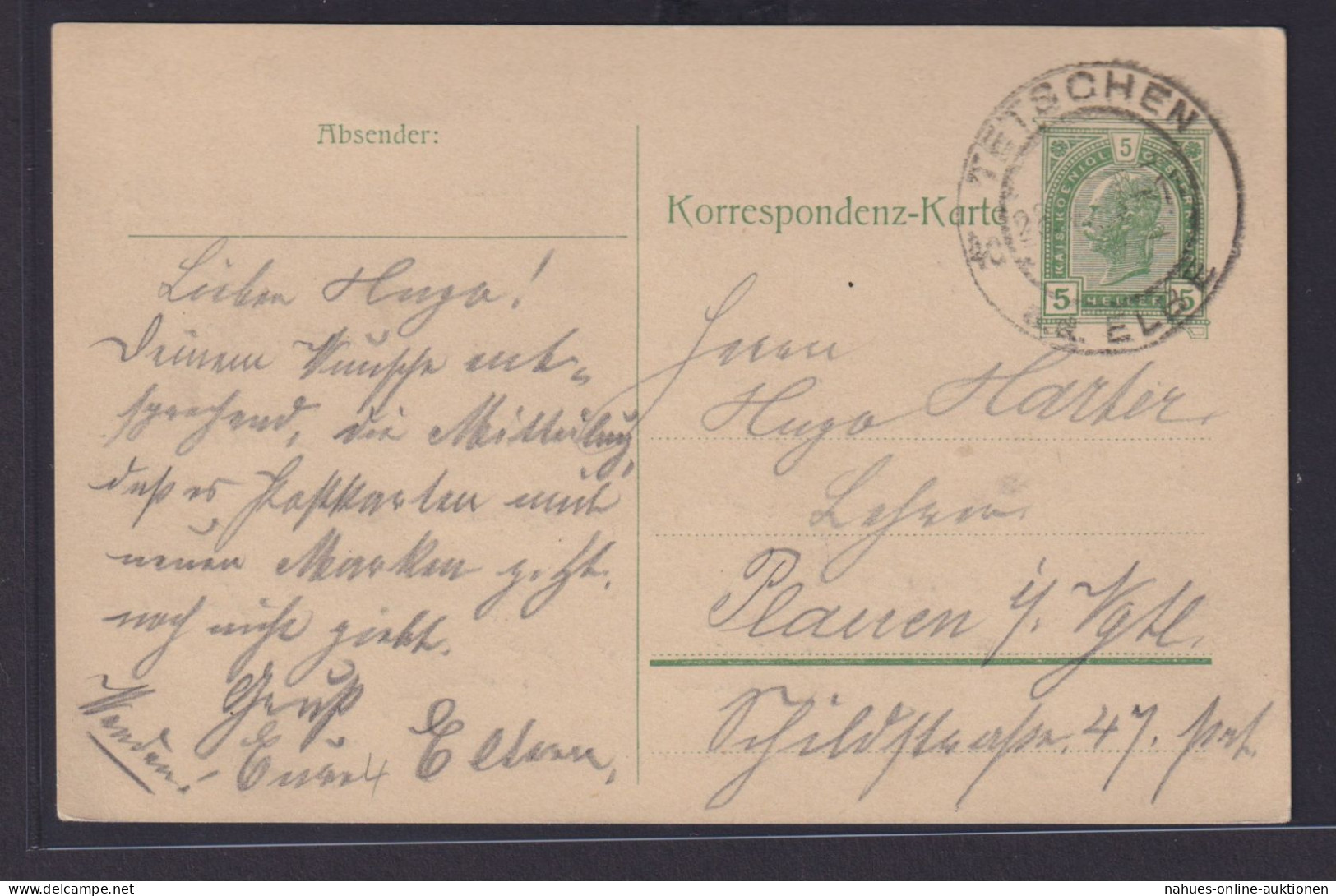 Österreich Ganzsache 5 Heller Kaiserreich Tetschen Elbe Děčín Tschechien Plauen - Storia Postale