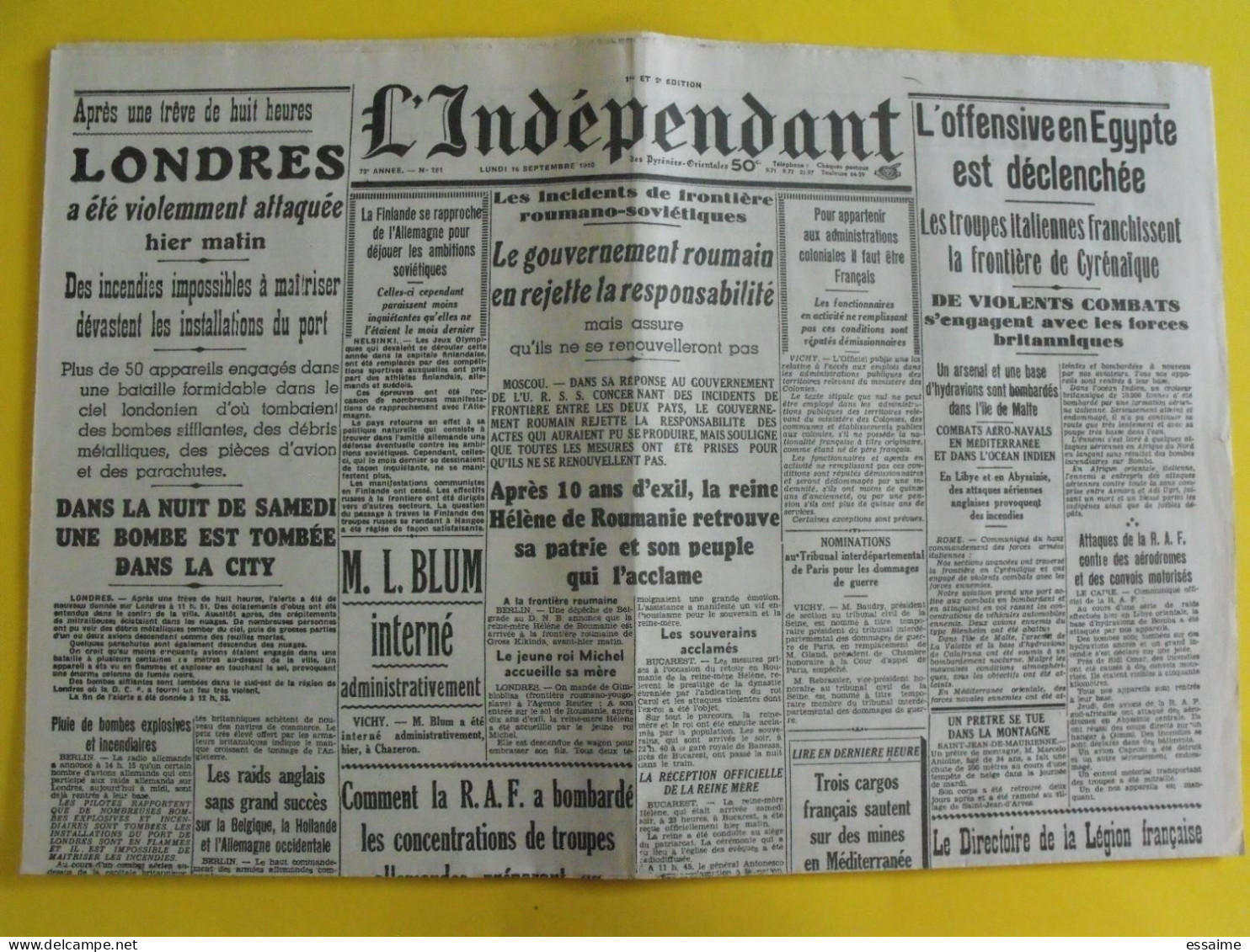 Journal L'Indépendant Du 16 Septembre 1940. Egypte Londres Finlande Blum Interné LVF Légion Française Roumanie - Other & Unclassified