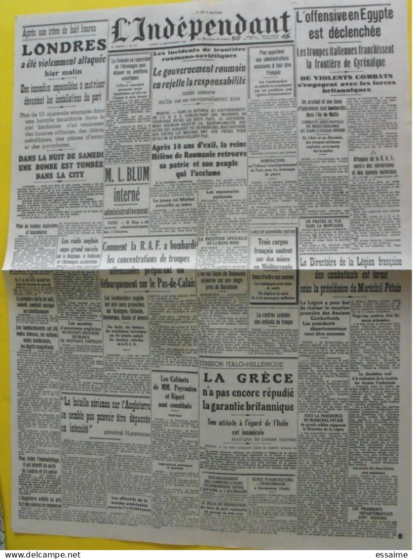 Journal L'Indépendant Du 16 Septembre 1940. Egypte Londres Finlande Blum Interné LVF Légion Française Roumanie - Altri & Non Classificati