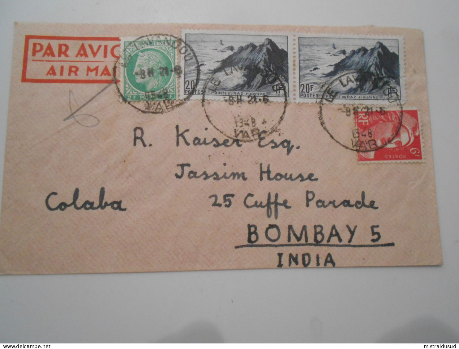 France Poste Aerienne , Lettre De Le Lavandou 1948 Pour Bombay - 1927-1959 Storia Postale