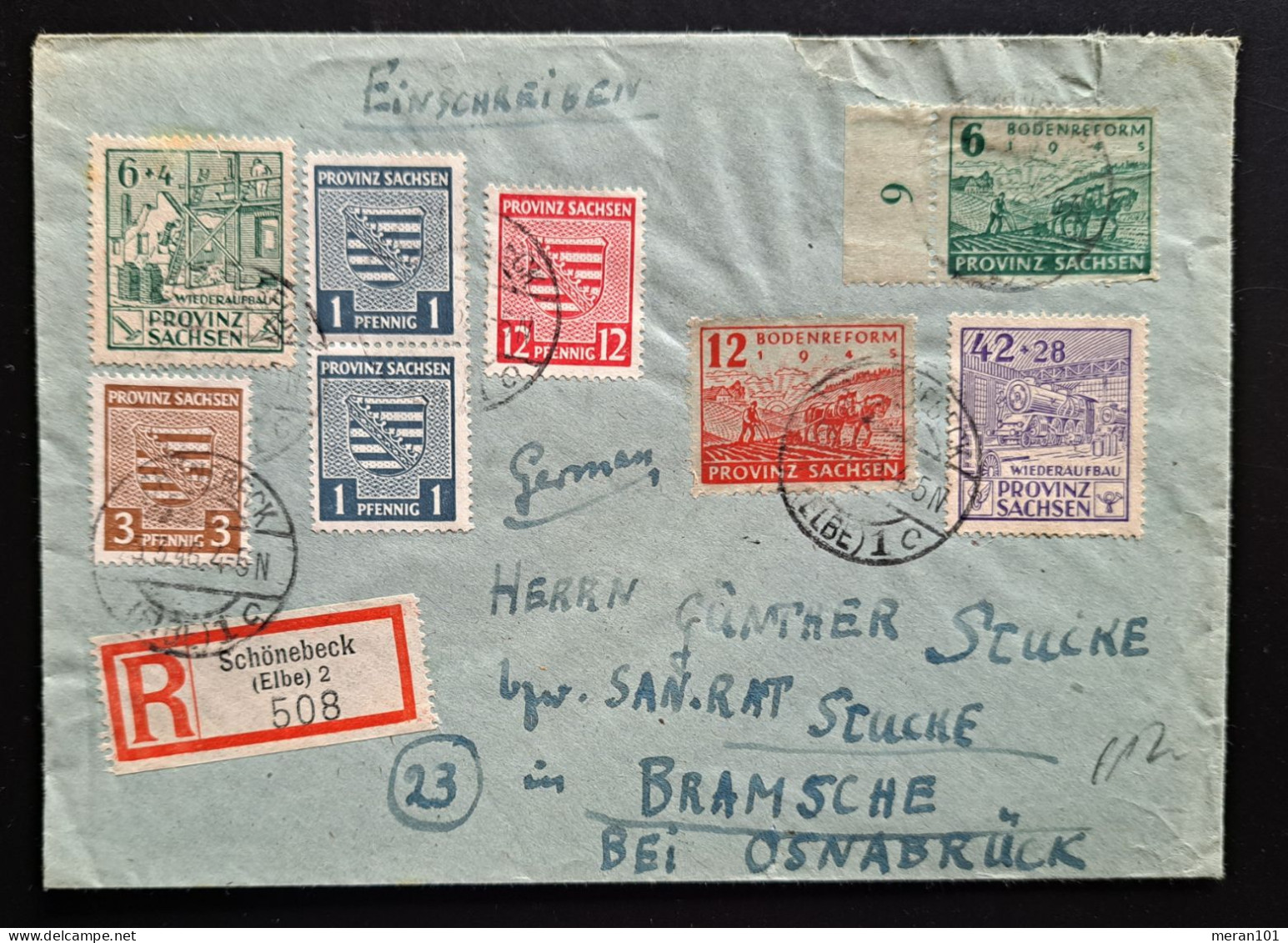 Sachsen 1946, Brief Einschreiben Schönebeck(Elbe) Nach Bramsche MiF - Covers & Documents