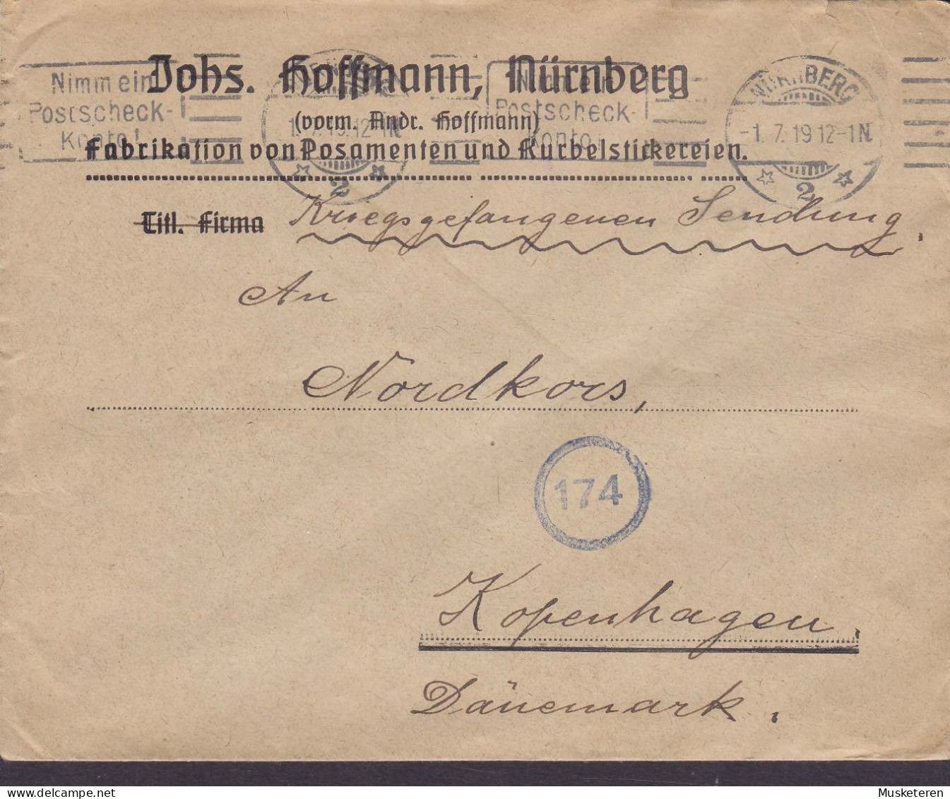 Germany JOHS. HOFFMANN, NÜRNBERG 1919 Cover Brief Lettre Kriegsgefangenen Sendung NORDKORS Kopenhagen Denmark - Courriers De Prisonniers