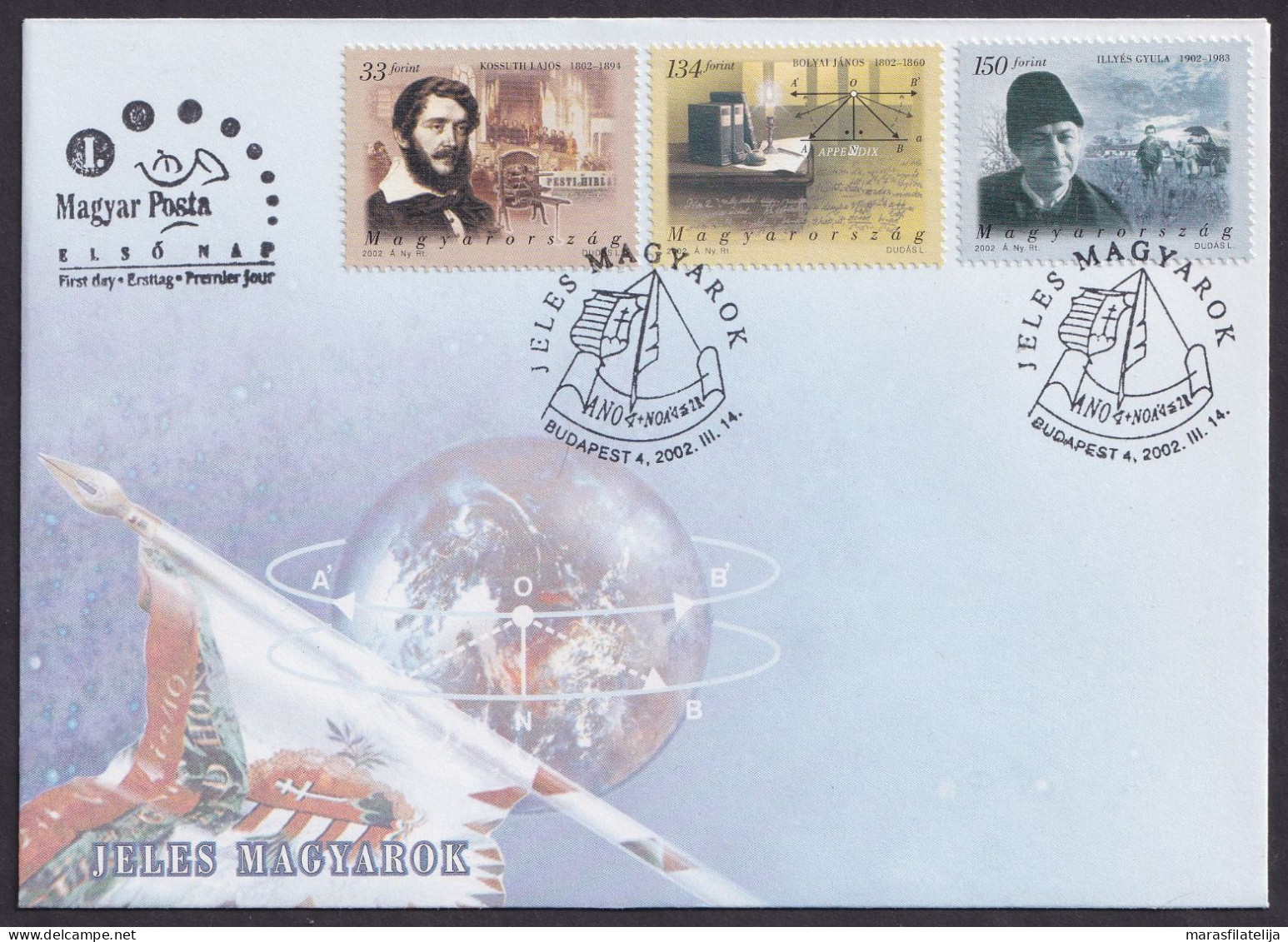 Hungary 2002, Lajos Kossuth, Janos Bolyai, Gyula Illyes, FDC - Sonstige & Ohne Zuordnung