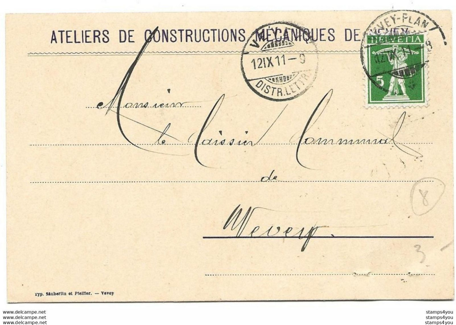 278 - 8 - Carte "atelier Constructions Mécanique Vevey 1911" Attention 2 Petits Trou En Bas - Cartas & Documentos