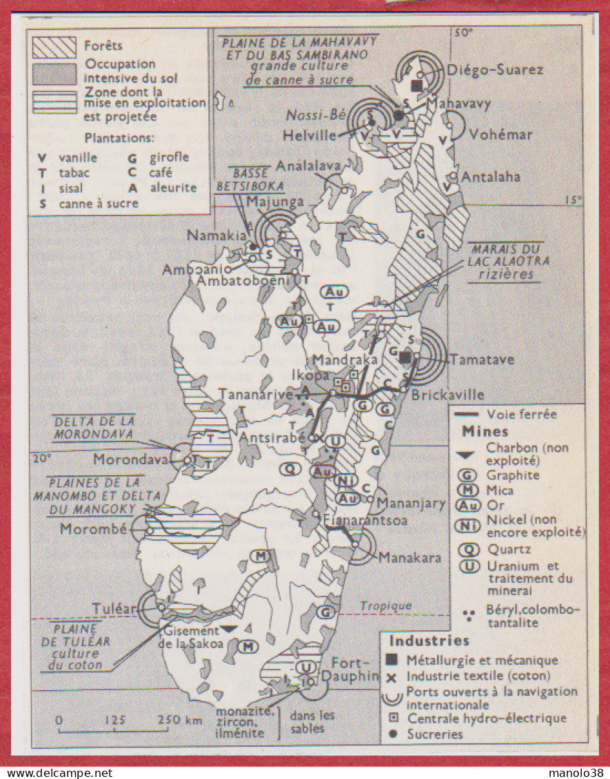 Madagascar. Carte économique. Voie Ferrée, Mines, Industries, Agricultures. Larousse 1960. - Historical Documents