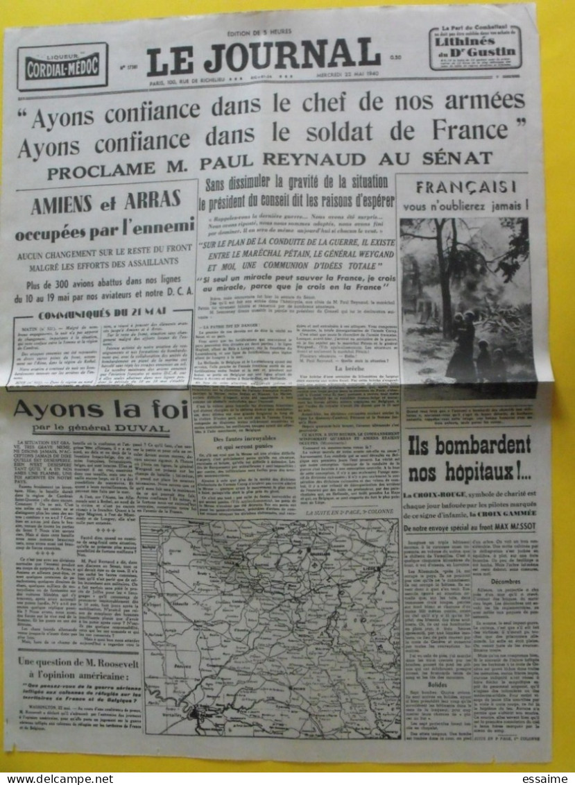 Le Journal Du 22 Mai 1940. Amiens Arras Pétain Weygand Reynaud RAF Dunkerque Norvège Roosevelt - Autres & Non Classés