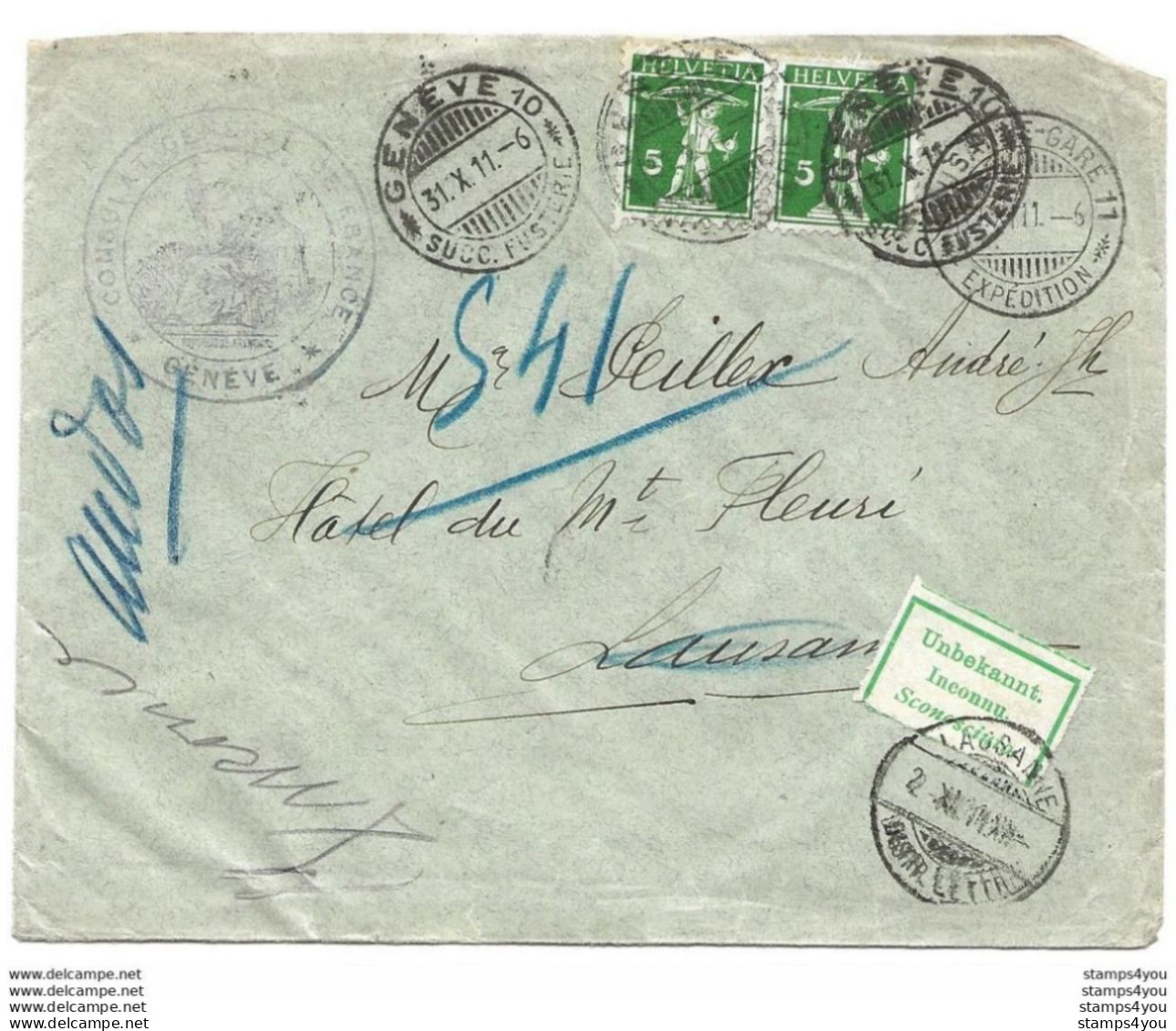 278 - 74 - Enveloppe Envoyée De Genève à Lausanne 1911 - étiquette "inconnu" - Cartas & Documentos