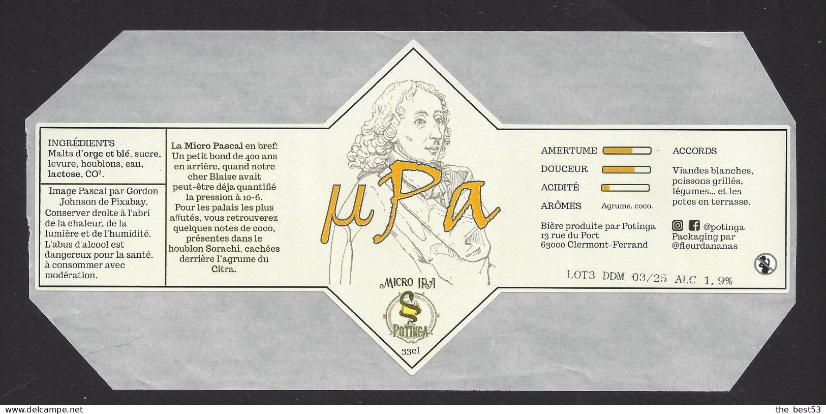 Etiquette De Bière IPA   -  Brasserie Potinga  à  Clermont Ferrand  (63) - Cerveza