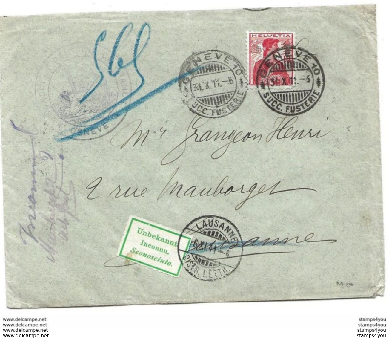 278 - 82 - Enveloppe Envoyée De Genève à Lausanne 1911 - étiquette "Inconnu" - Storia Postale