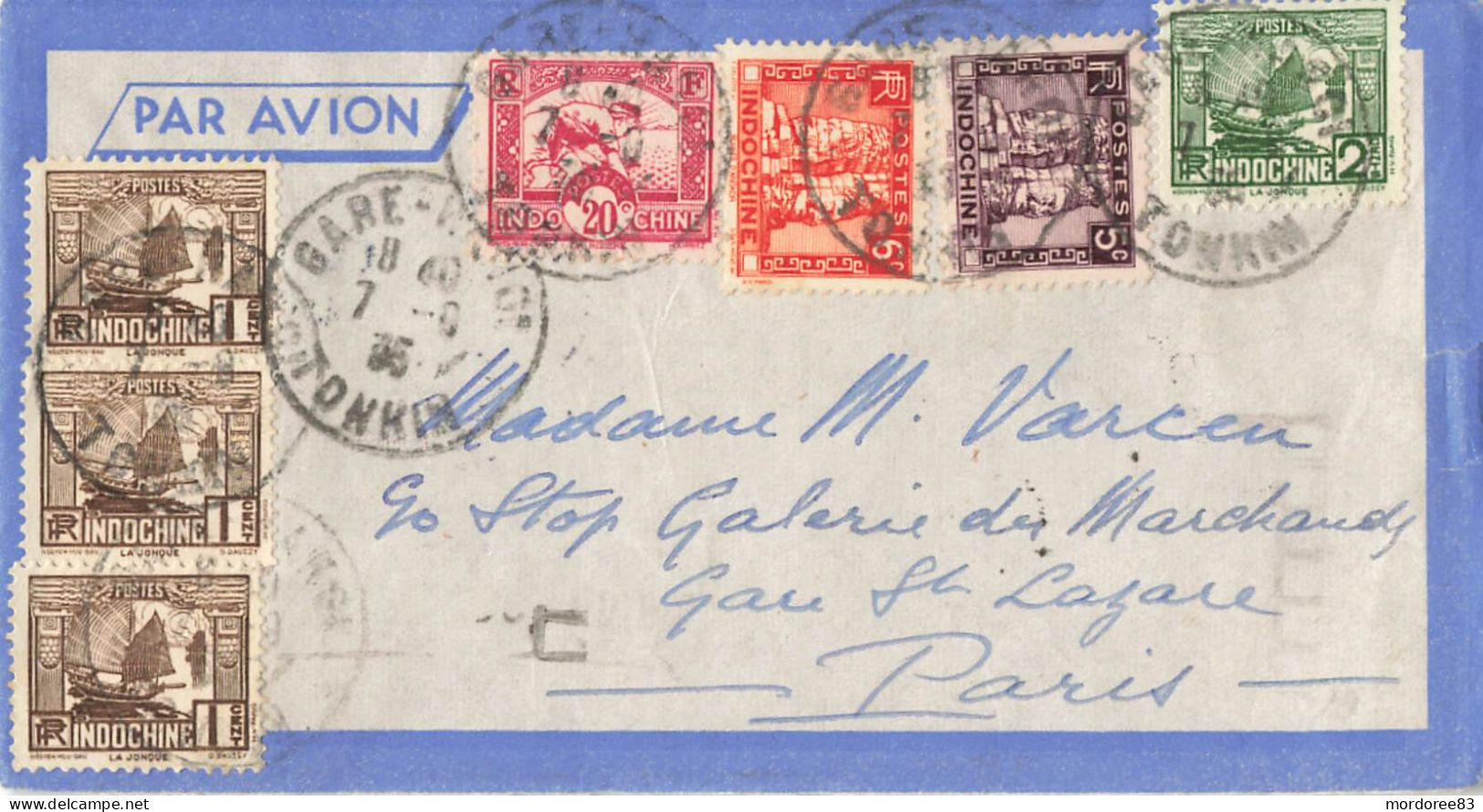 LETTRE AVION GARE HANOI TONKIN 7/9/35 POUR PARIS - Cartas & Documentos