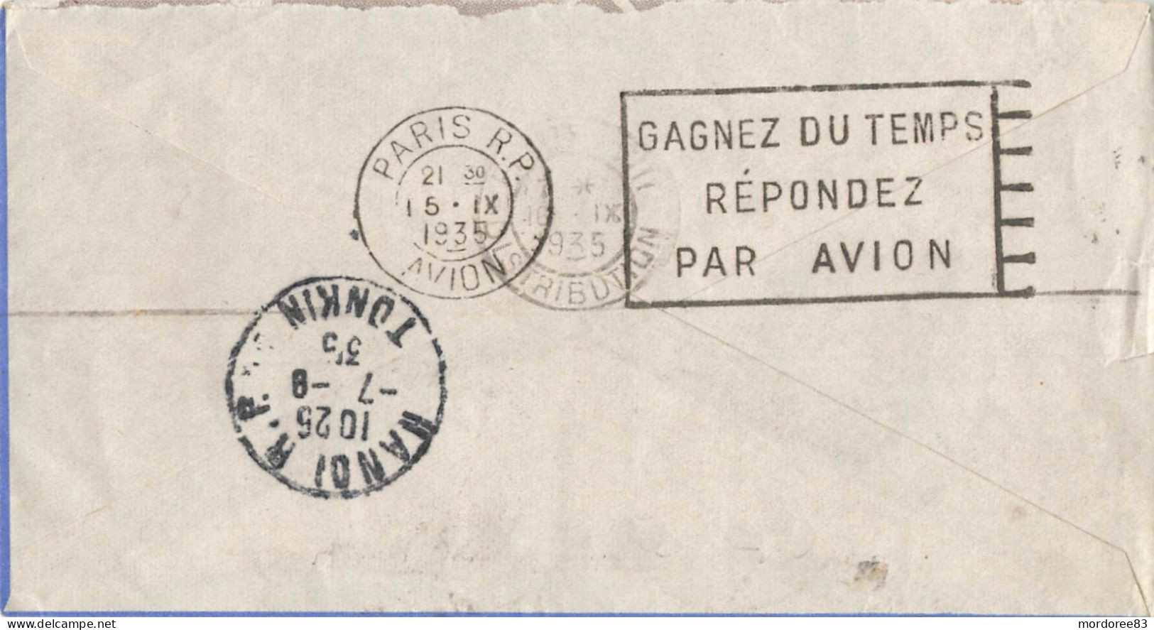 LETTRE AVION GARE HANOI TONKIN 7/9/35 POUR PARIS - Cartas & Documentos