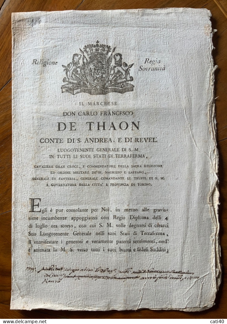 REGNO DI SARDEGNA 1799 - DON CARLO FRANCESCO DE THAON E REVEL - A TUTTI GLI STATI DI TERRAFERMA - 8 Pag. - Documents Historiques