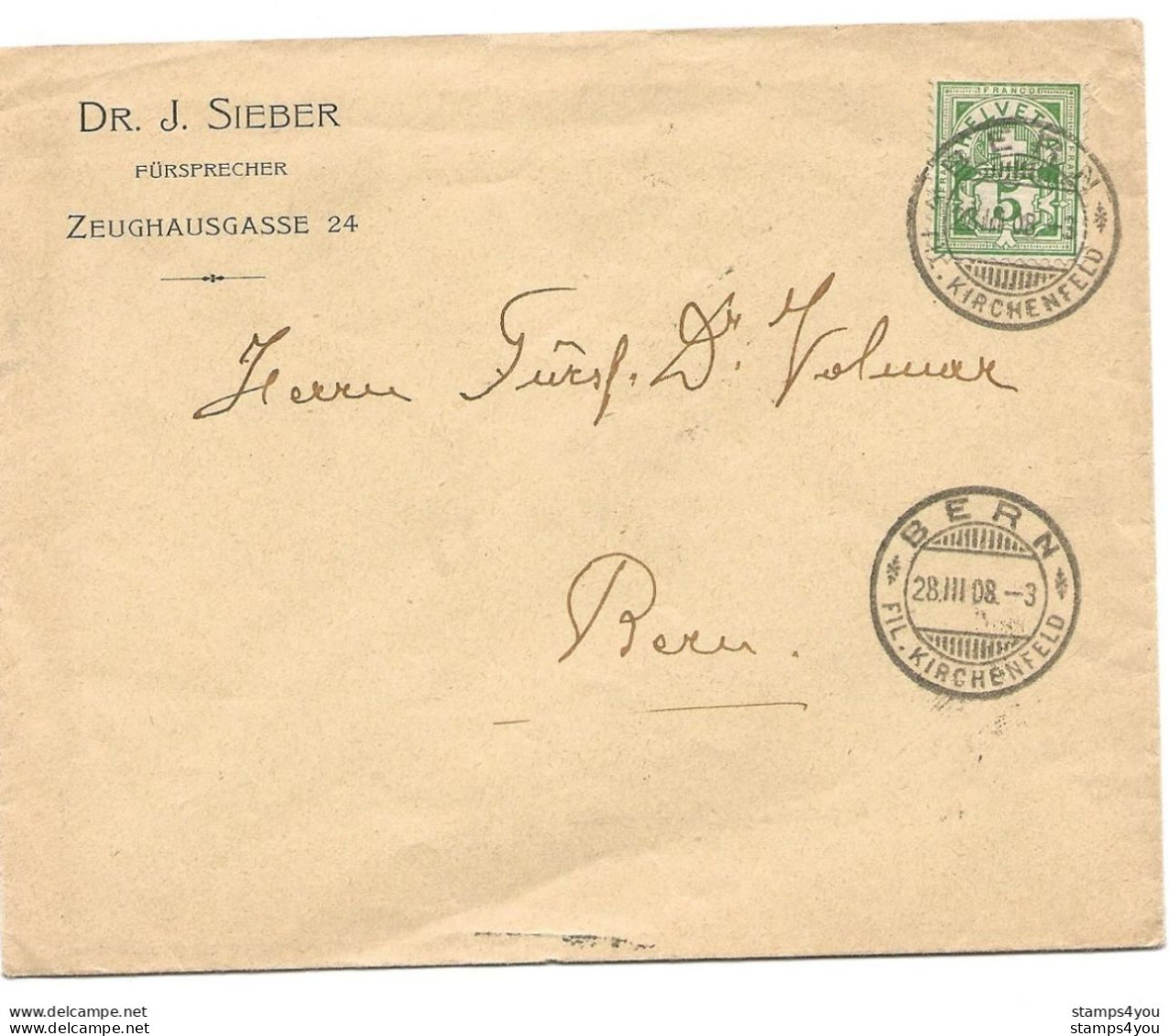 278 - 34 - Enveloppe Envoyé De Bern 1908 Dr. J. Sieber - Brieven En Documenten