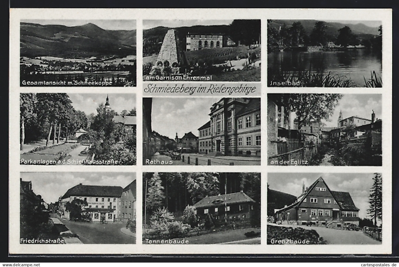 AK Schmiedeberg Im Riesengebirge, Gesamtansicht Mit Schneekoppe, Das Inselbad, Grenzbaude, Tannenbaude  - Schlesien