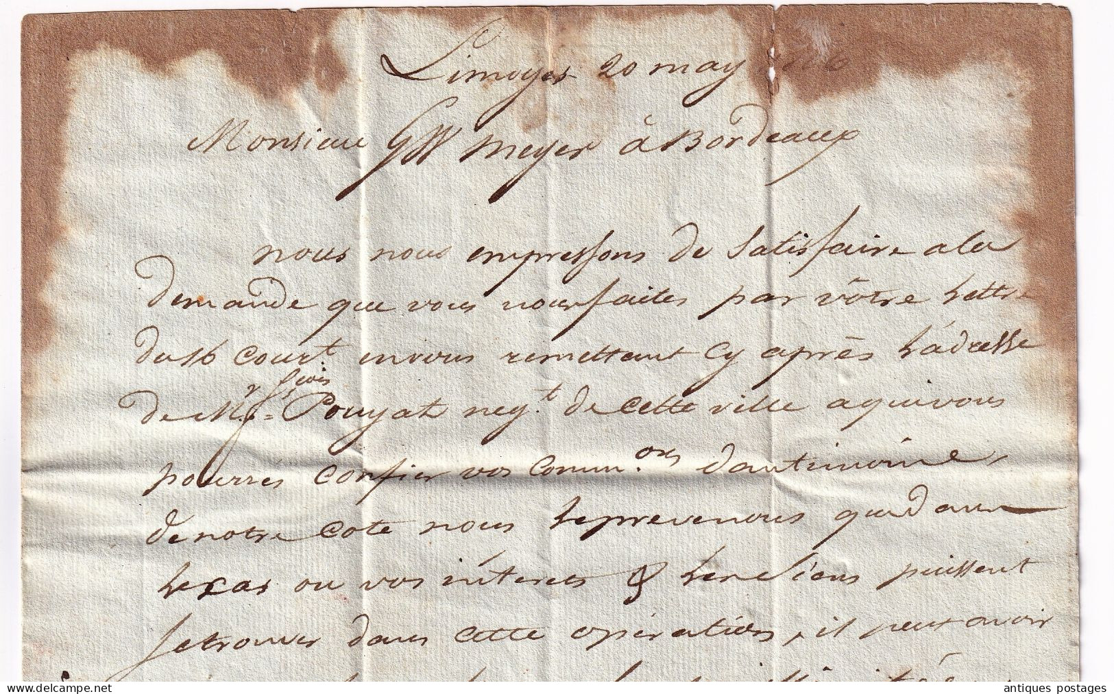 Lettre 1806 Limoges Delmas Frères Haute-Vienne pour Bordeaux Gironde Meyer Antimoine