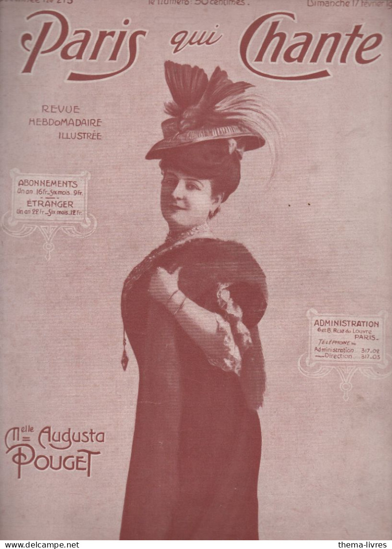 Revue PARIS QUI CHANTE N°213 Du 17 Février 1913  Couverture   AUGUSTA POIUGET(CAT4088 / 213) - Muziek