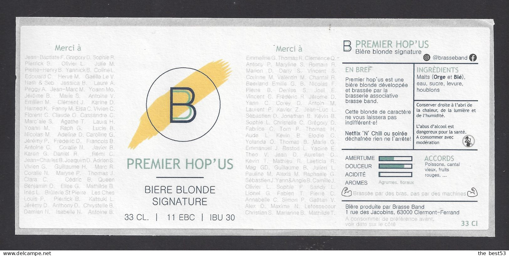 Etiquette De Bière Blonde Signature -  Premier Hop'us  -  Brasserie Brasse Band  à  Clermont Ferrand   (63) - Cerveza