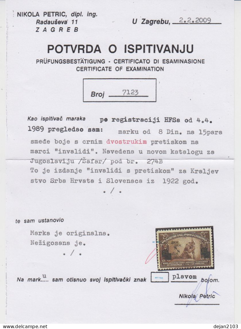Yugoslavia Kingdom 8 Dinara On 15 Para Double Overprint CERTIFICATE 1922 MH * - Ungebraucht