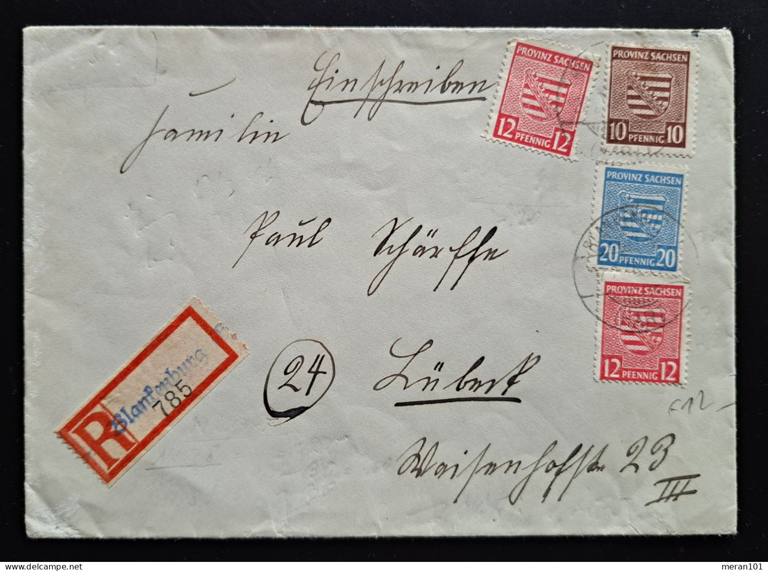 Sachsen 1946, Brief Einschreiben Blankenburg Nach Lübeck Hilfsrekozettel - Covers & Documents