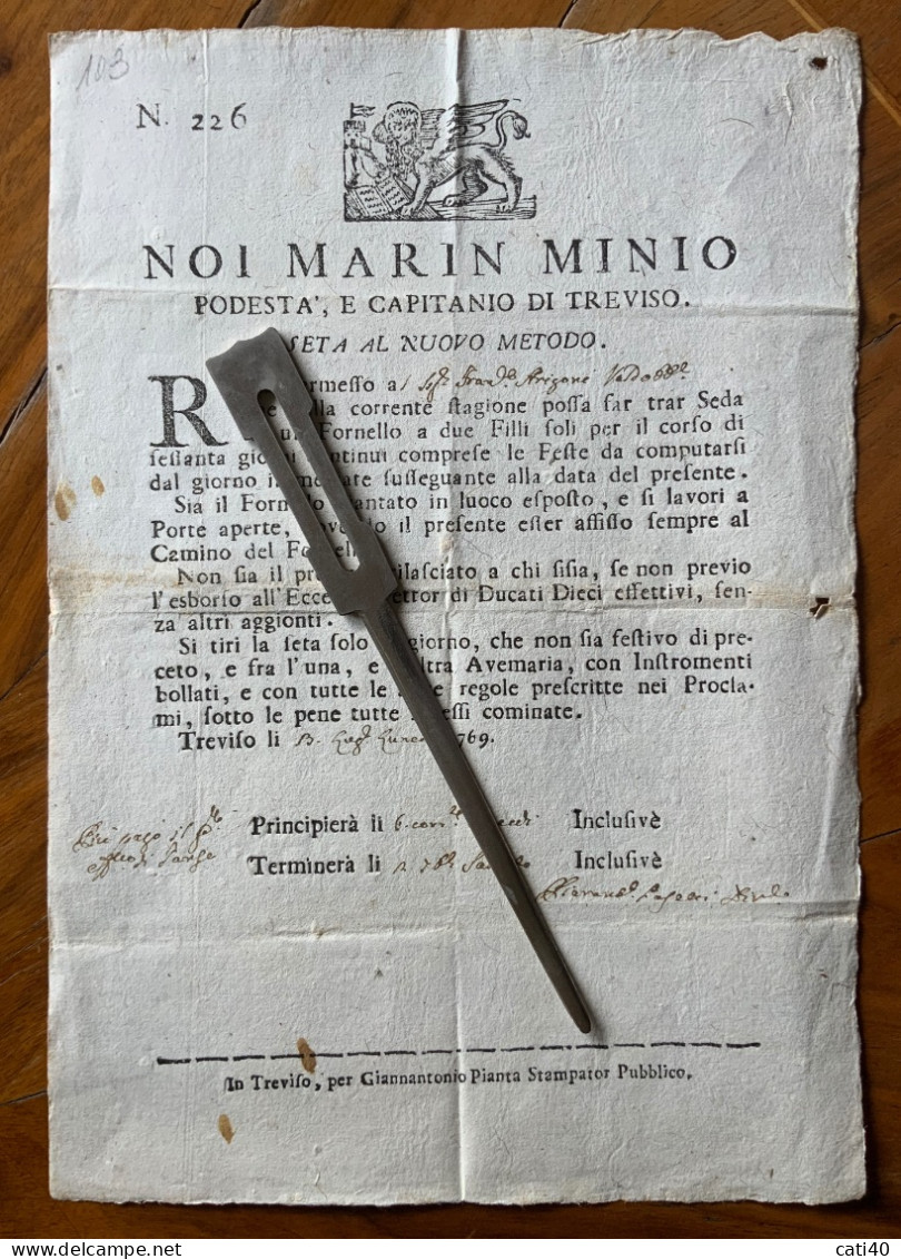 SETA AL NUOVO METODO - REP. DI VENEZIA 1769 -  NOI MARIN MINIO CAPITANO DI TREVISO  " Sia Il Fornello Piantato In ..." - Documents Historiques